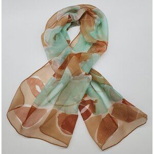 Vintage Rolled Hem Sheer Fabric Rectangle Scarf Brown Blue Leaves 15.5"x41.5"